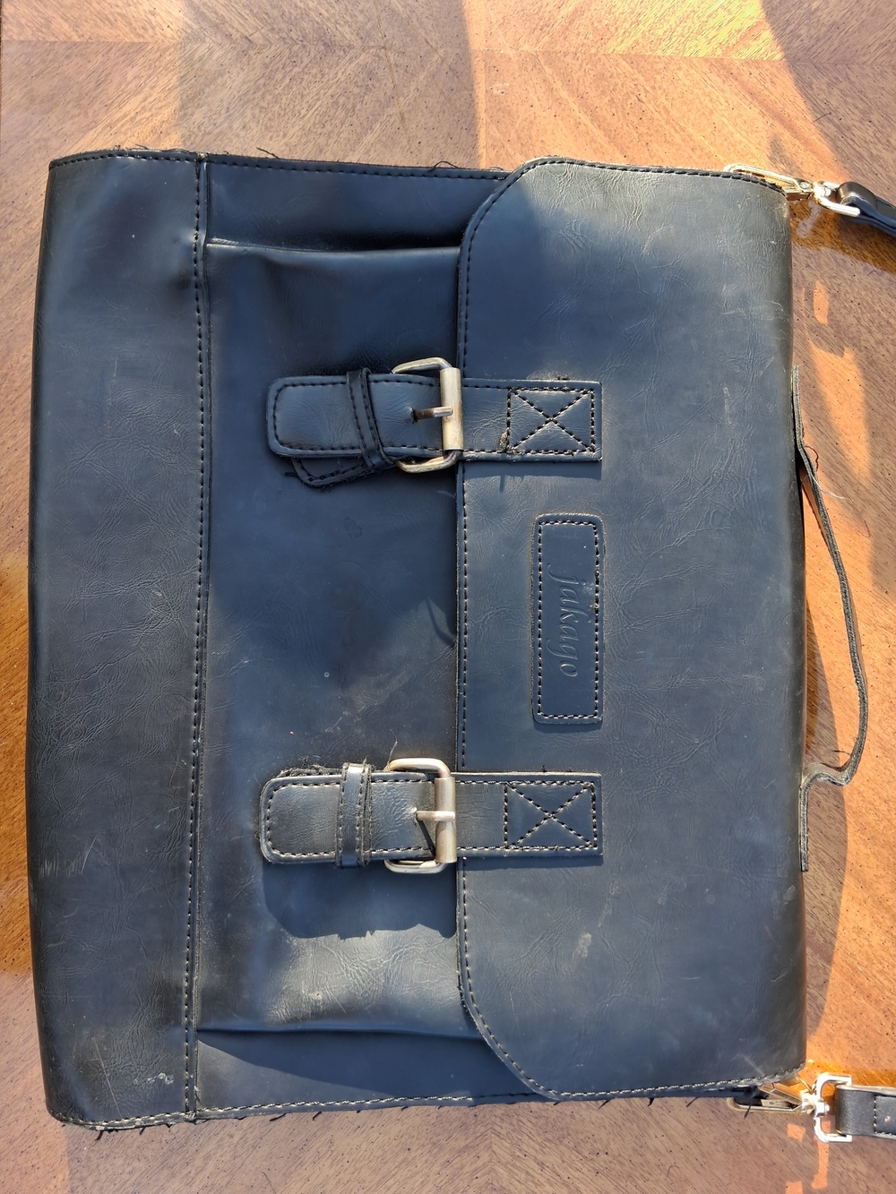 Black Leather Men's Briefcase with Buckle Accents